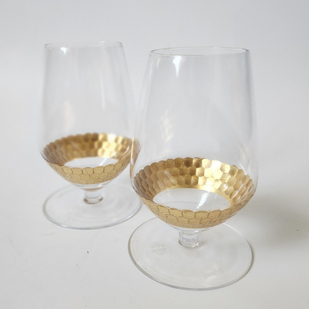 Fitz Floyd Short Stem Wine Goblet Glasses Set of 2 Gold Tone Hammered Honeycomb